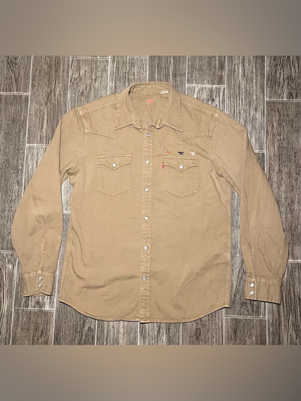 Levi's Classic Western Angler Pearl Snap Shirt Fly Fishing Men’s Medium Tan